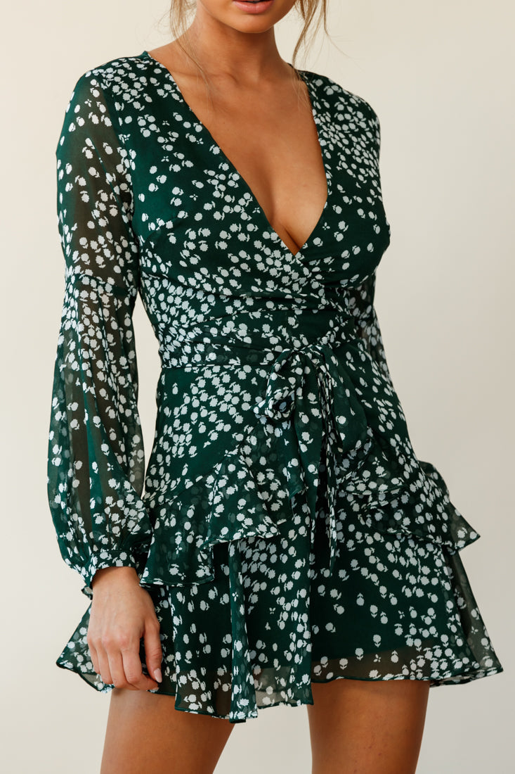 Kerry Layered Balloon Sleeve Dress Flower Print Forest Green by Selfie Leslie