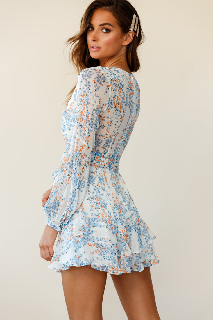 Kerry Layered Balloon Sleeve Dress Floral Vine Print White by Selfie Leslie