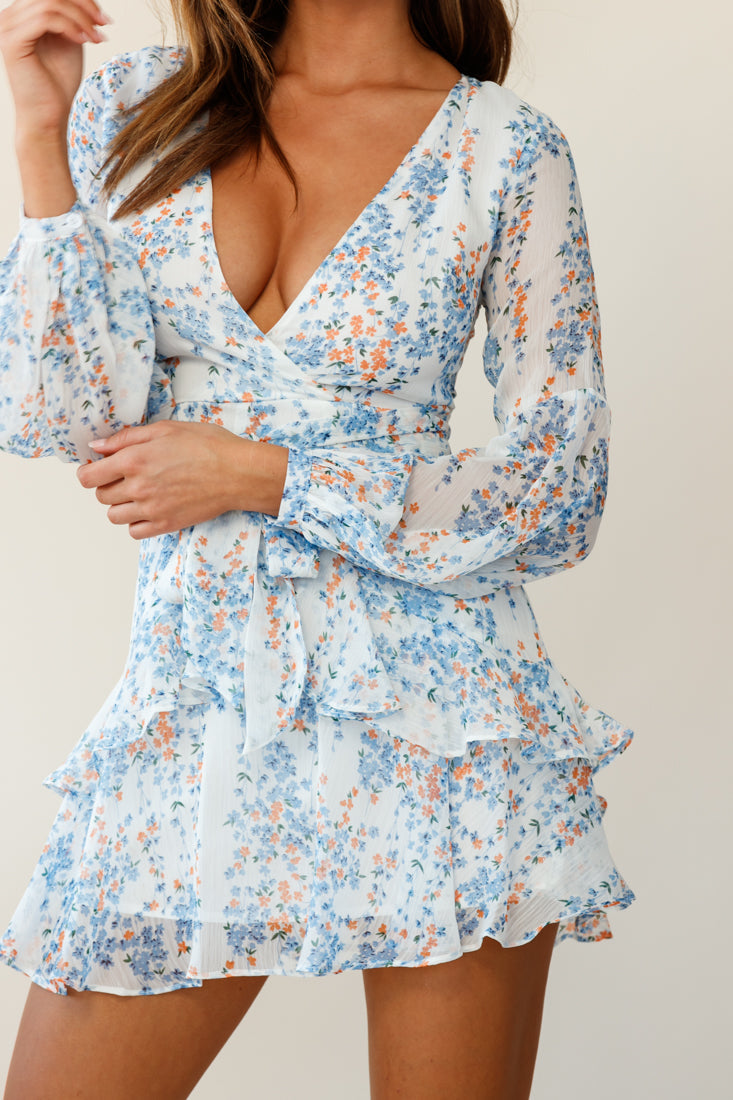 Kerry Layered Balloon Sleeve Dress Floral Vine Print White by Selfie Leslie