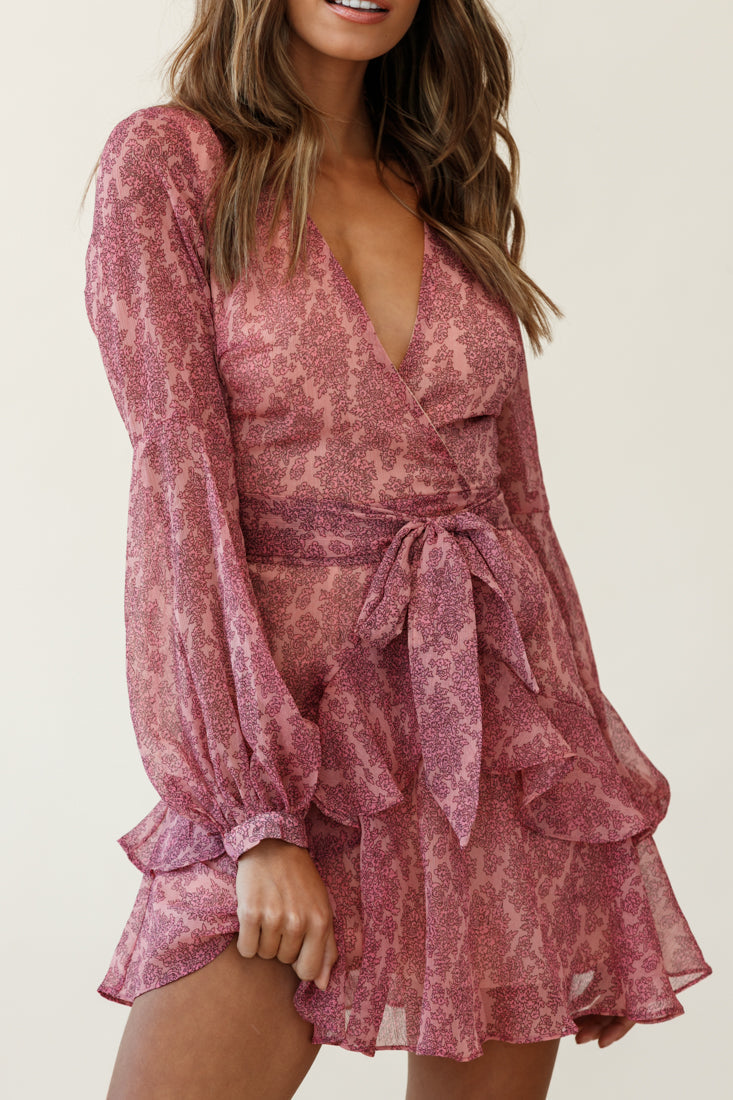 Kerry Layered Balloon Sleeve Dress Flower Pattern Pink by Selfie Leslie