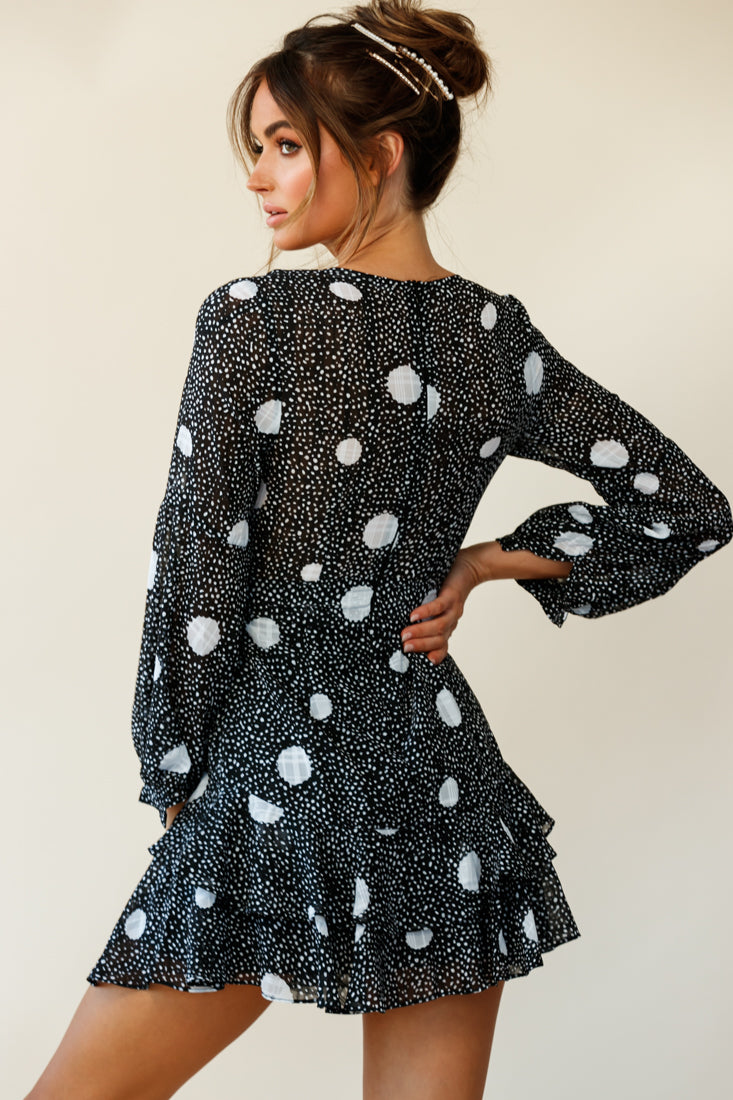 Kerry Layered Balloon Sleeve Dress Spot Print Black by Selfie Leslie