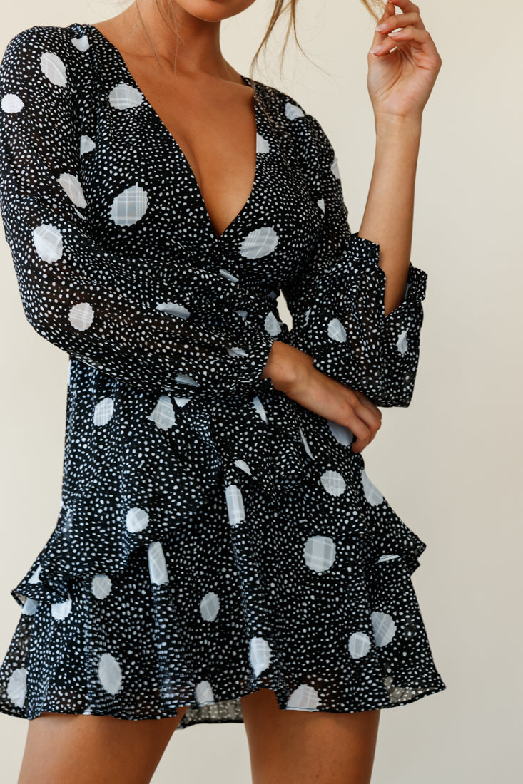 Kerry Layered Balloon Sleeve Dress Spot Print Black by Selfie Leslie