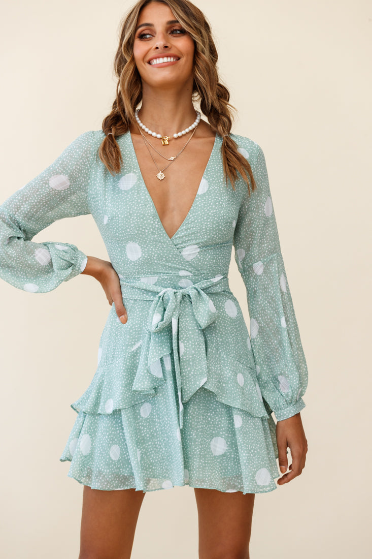 Kerry Layered Balloon Sleeve Dress Spot Print Green by Selfie Leslie