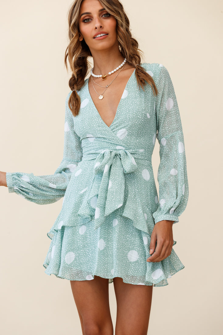 Kerry Layered Balloon Sleeve Dress Spot Print Green by Selfie Leslie