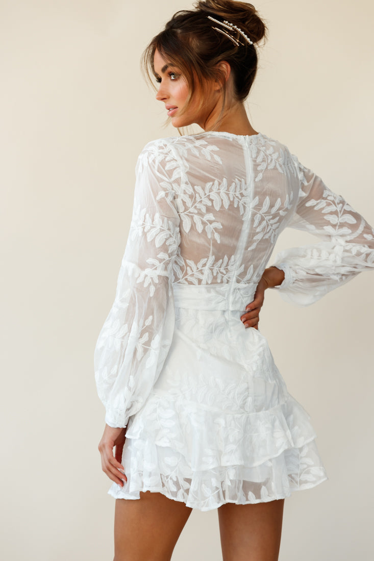 Kerry Layered Balloon Sleeve Dress Floral Embroidered White by Selfie Leslie