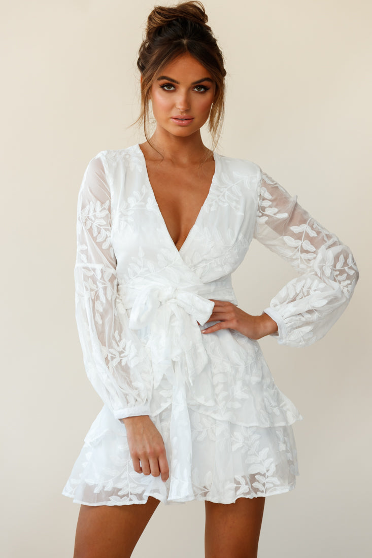 Kerry Layered Balloon Sleeve Dress Floral Embroidered White by Selfie Leslie