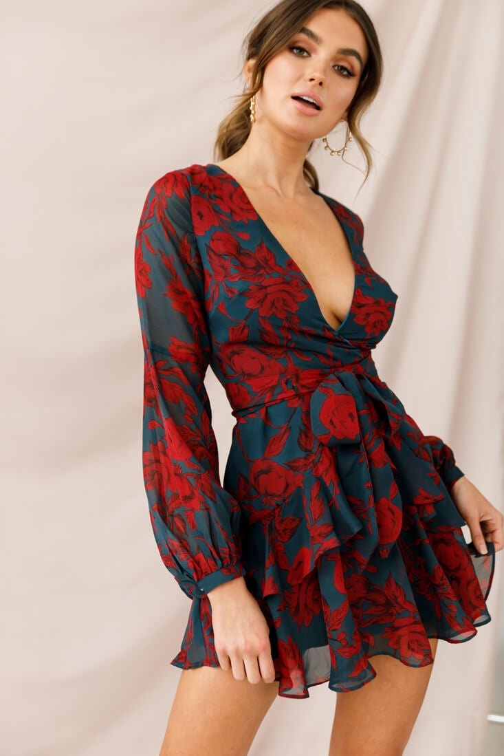Kerry Layered Balloon Sleeve Dress Forest Green/Red by Selfie Leslie