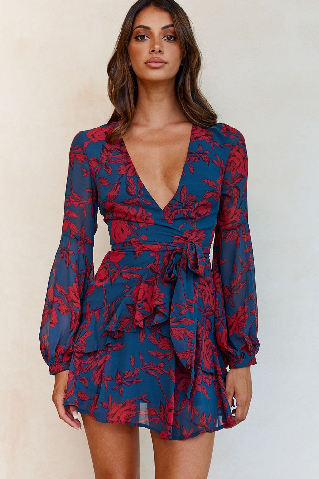 Kerry Layered Balloon Sleeve Dress Forest Green/Red by Selfie Leslie