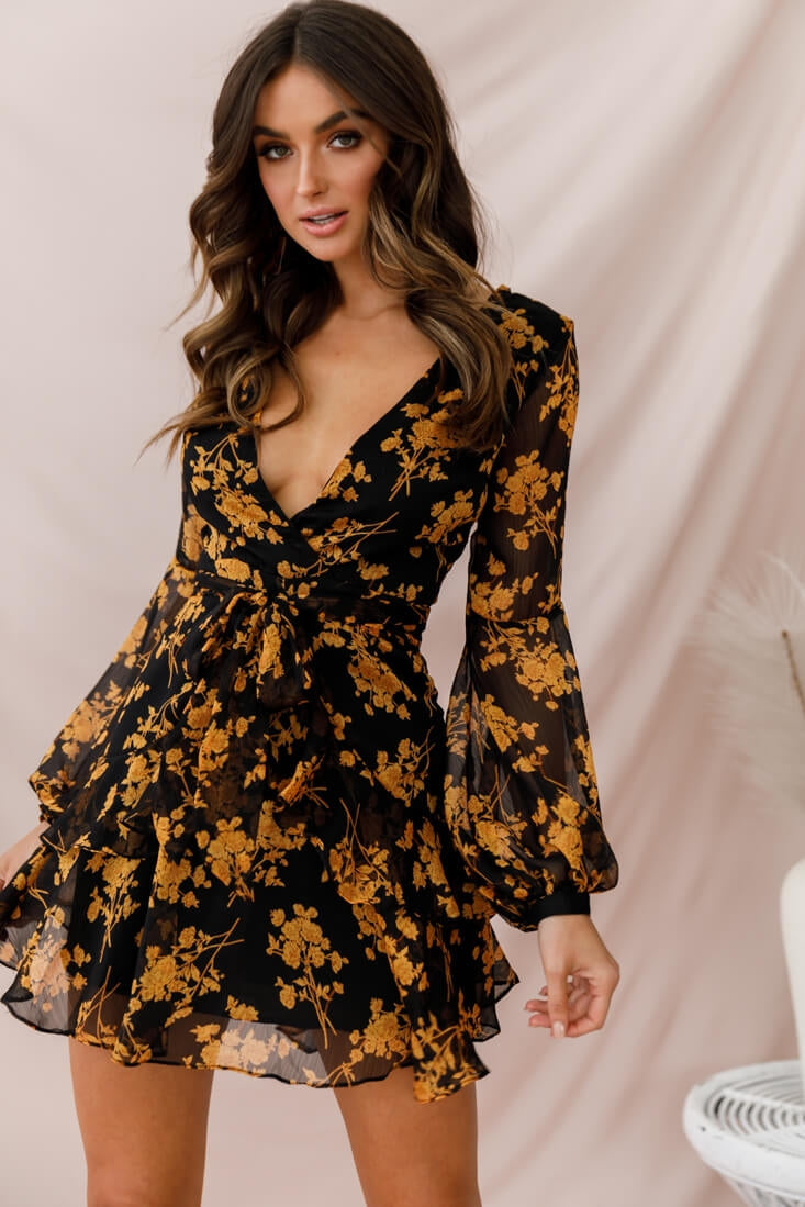 Kerry Layered Balloon Sleeve Dress Black/Orange by Selfie Leslie