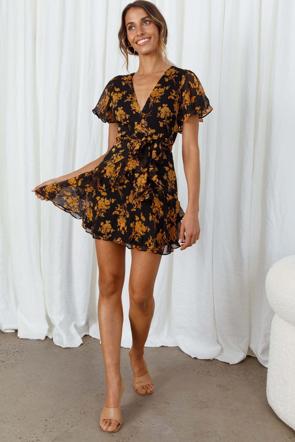 Kerry Layered Angel Sleeve Dress Black/Orange Flower by Selfie Leslie