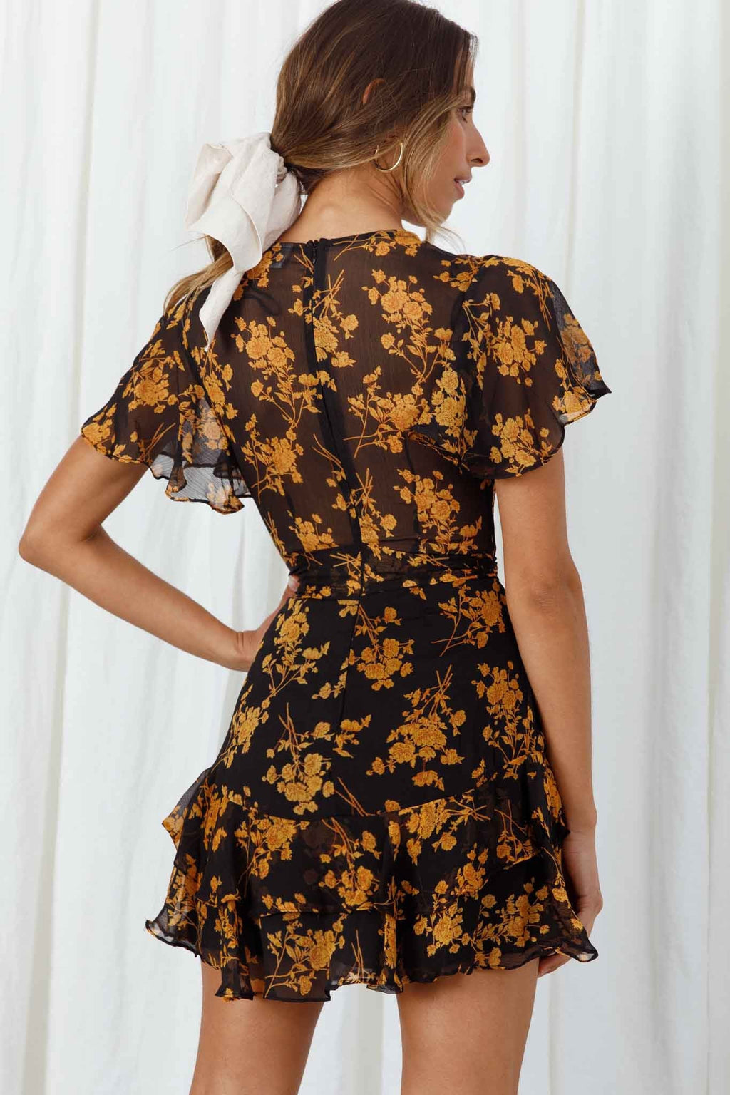 Kerry Layered Angel Sleeve Dress Black/Orange Flower by Selfie Leslie