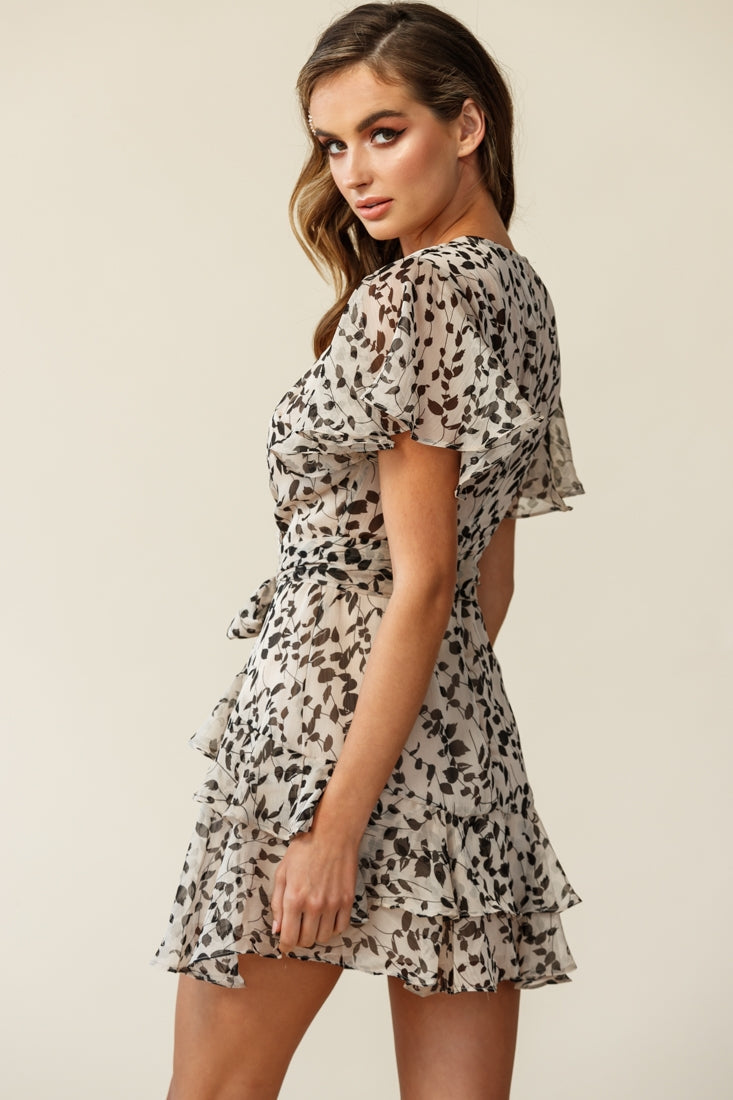 Kerry Layered Angel Sleeve Dress Leaf Print Beige by Selfie Leslie
