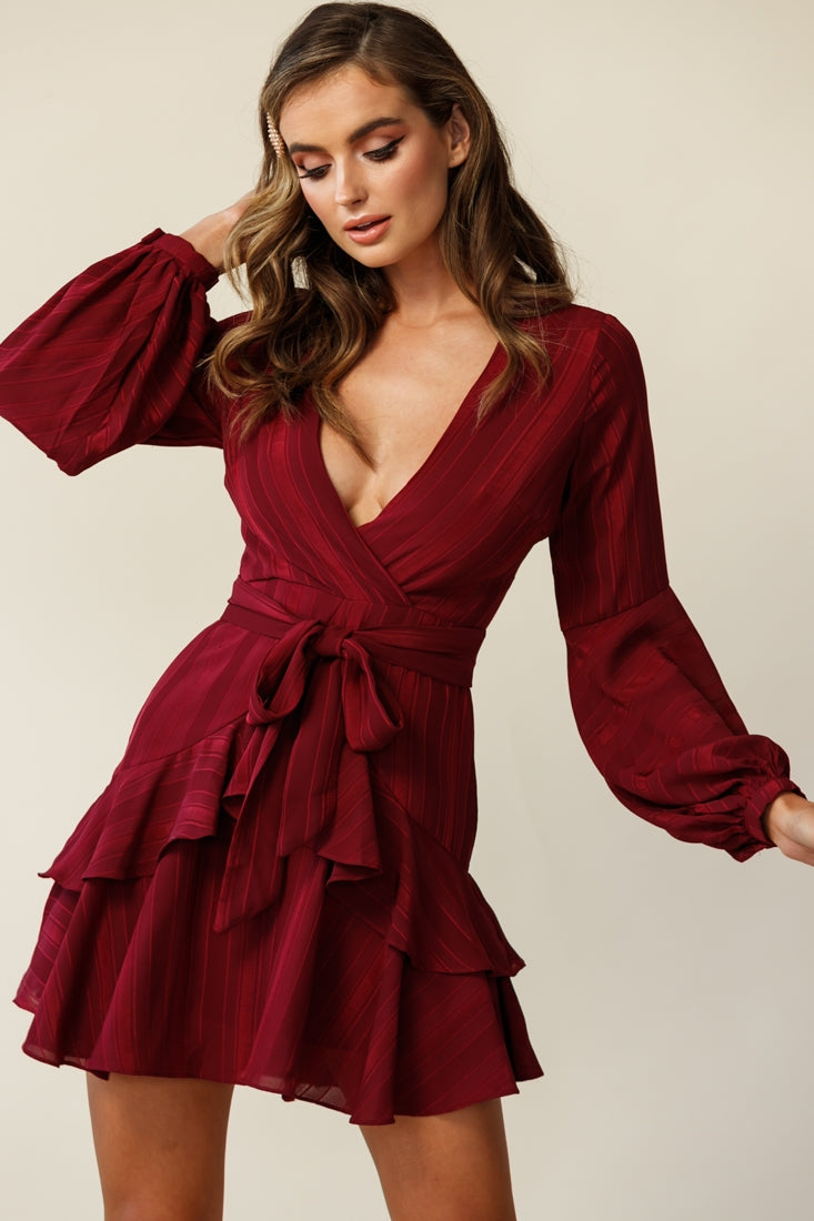 Kerry Layered Balloon Sleeve Dress Wine by Selfie Leslie