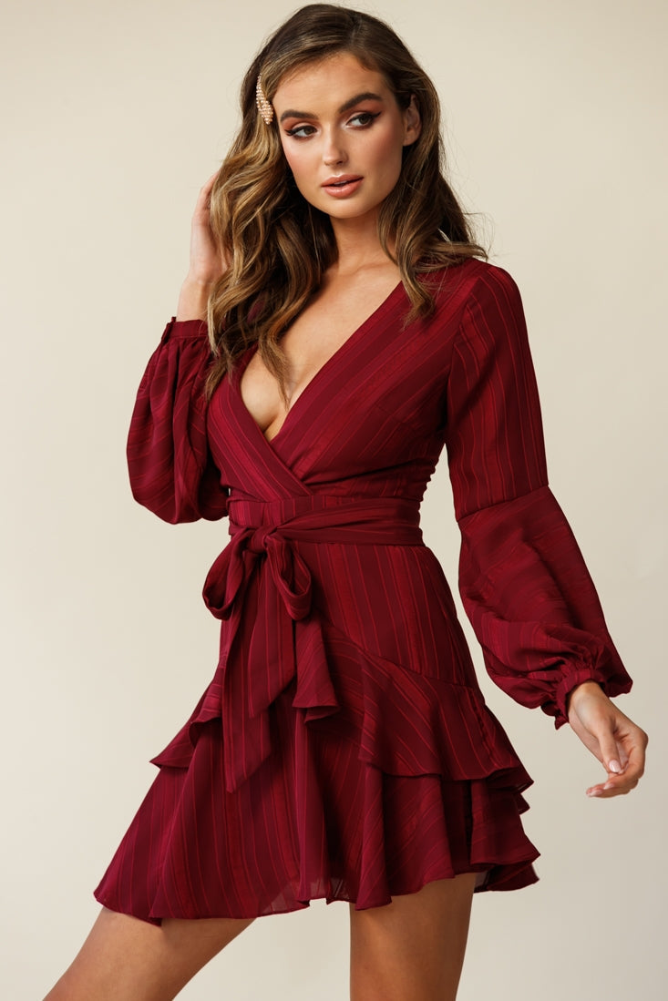 Kerry Layered Balloon Sleeve Dress Wine by Selfie Leslie