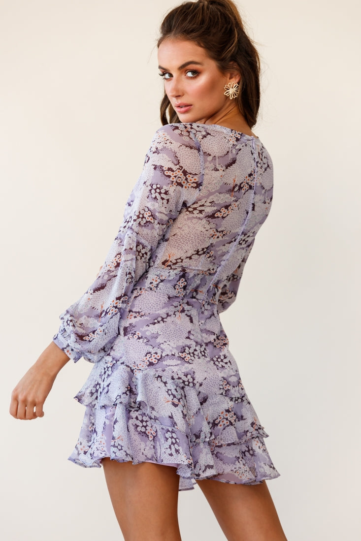 Kerry Layered Balloon Sleeve Dress Flower Pattern Lilac by Selfie Leslie