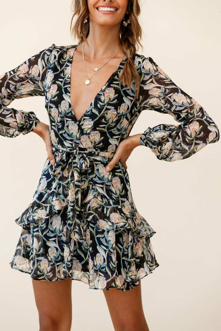 Kerry Layered Balloon Sleeve Dress Banksia Print Black by Selfie Leslie