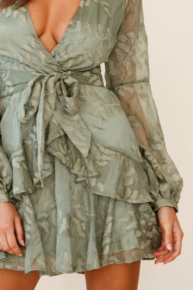 Kerry Layered Balloon Sleeve Dress Floral Embroidered Olive by Selfie Leslie