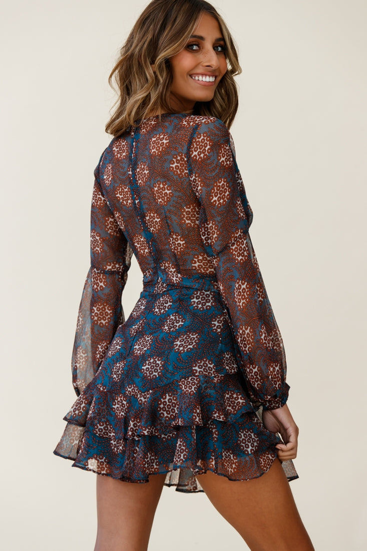 Kerry Layered Balloon Sleeve Dress Leaf Print Teal by Selfie Leslie