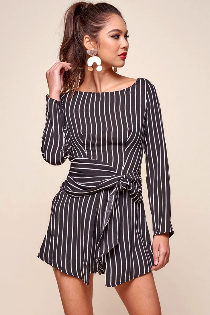 Abbey Waist Tie Pinstripe Romper Black & White by Selfie Leslie