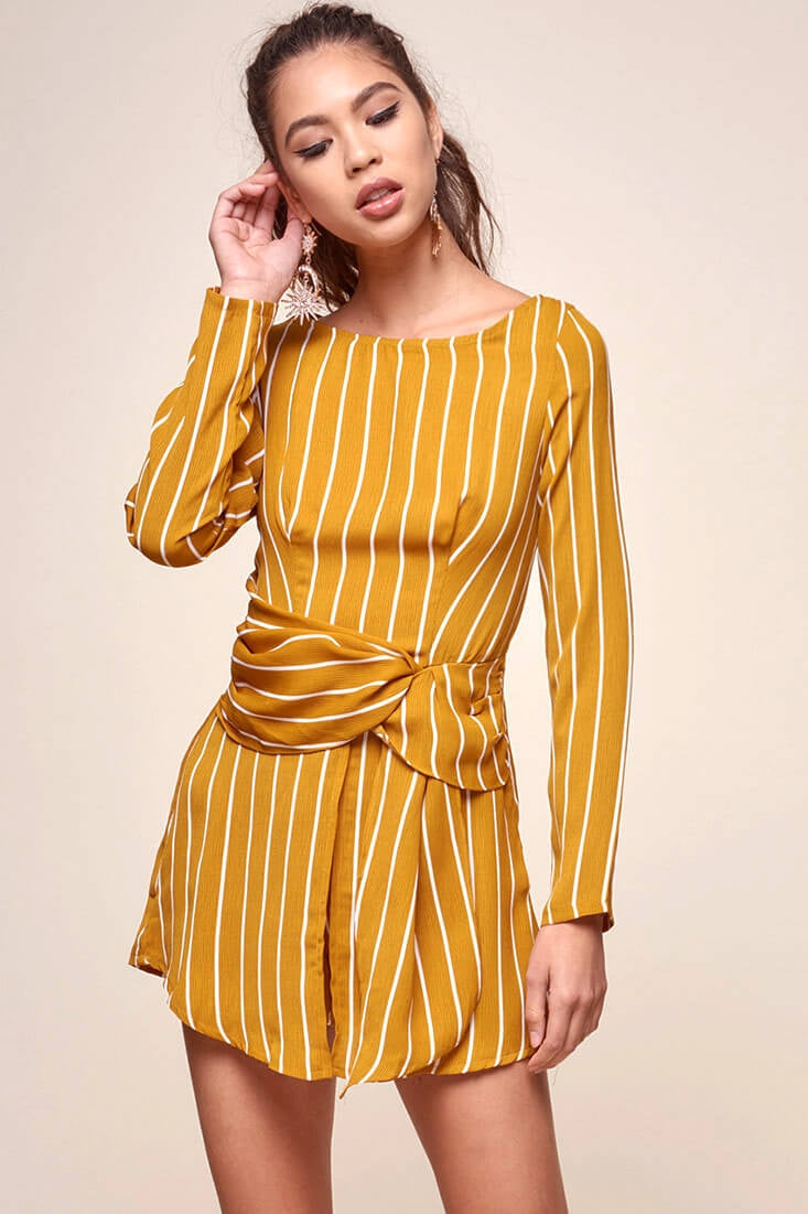 Abbey Waist Tie Pinstripe Romper Mustard & White by Selfie Leslie