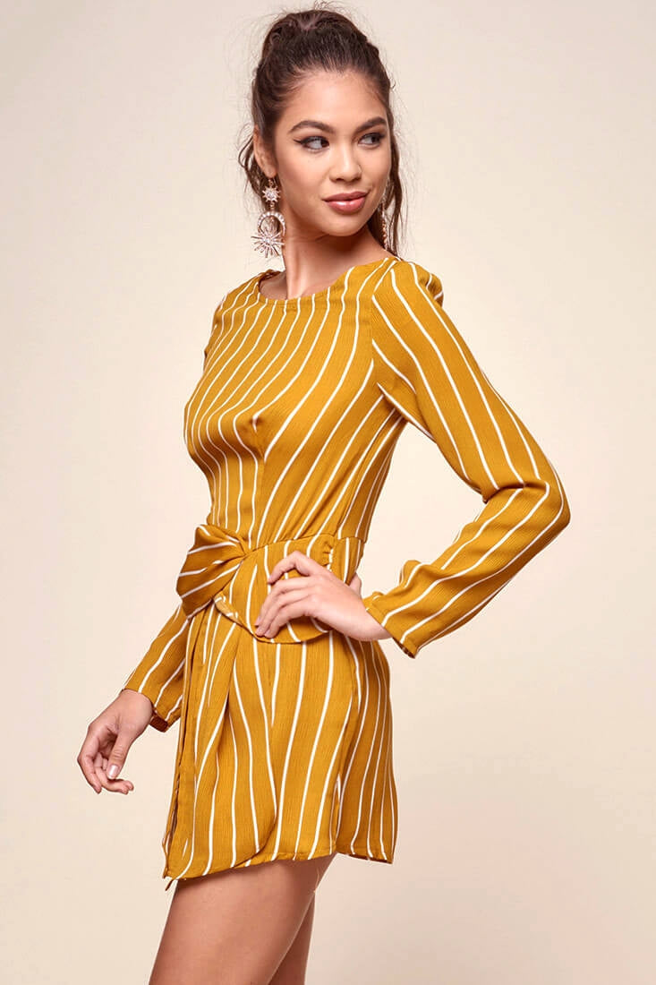 Abbey Waist Tie Pinstripe Romper Mustard & White by Selfie Leslie