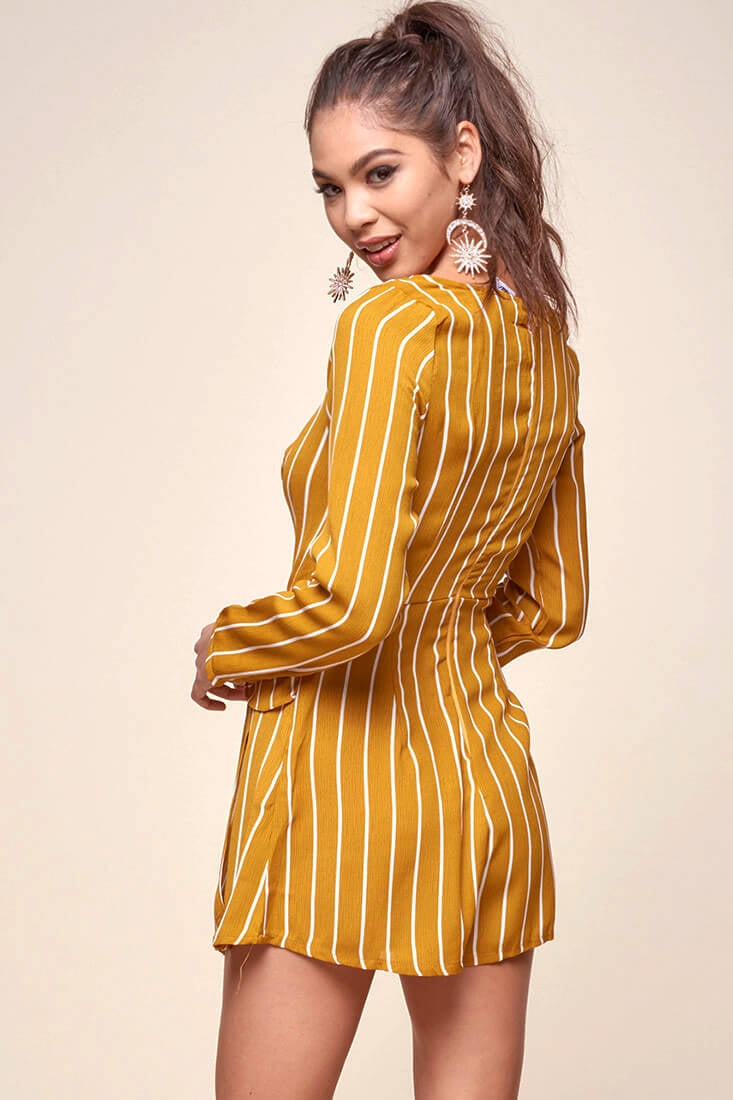 Abbey Waist Tie Pinstripe Romper Mustard & White by Selfie Leslie