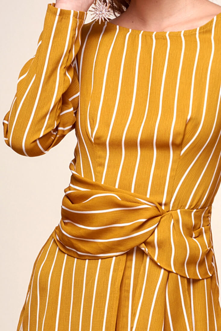 Abbey Waist Tie Pinstripe Romper Mustard & White by Selfie Leslie