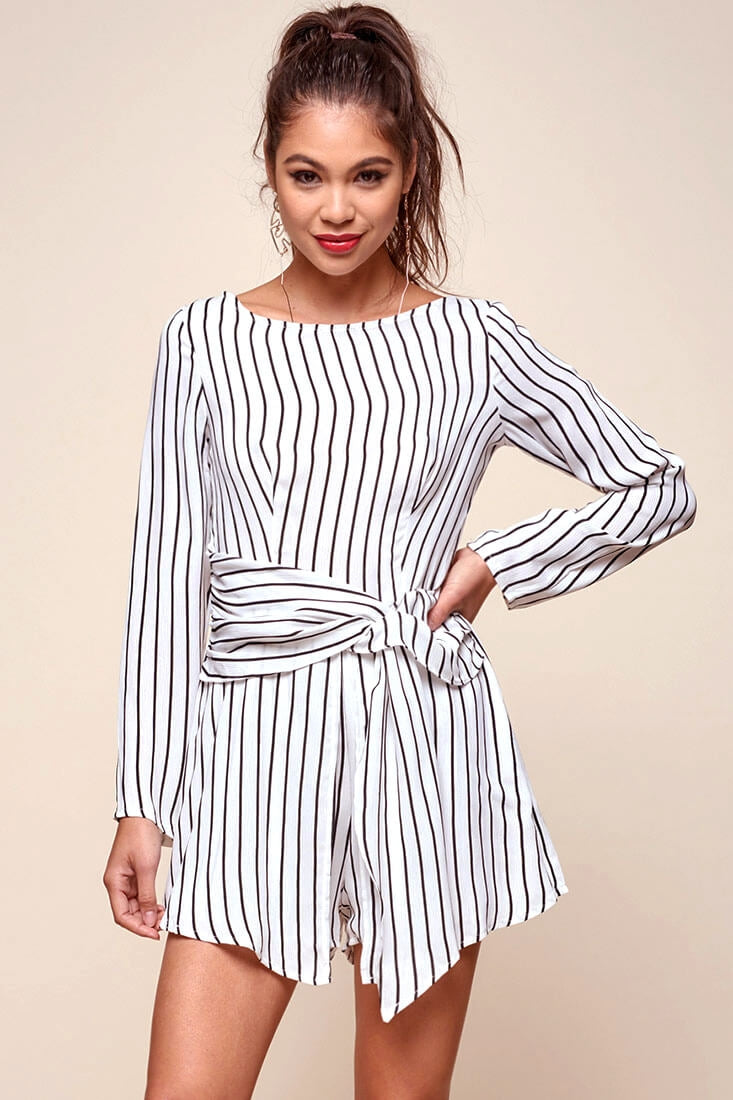 Abbey Waist Tie Pinstripe Romper White & Black by Selfie Leslie