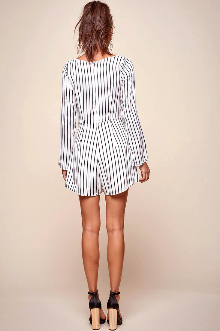 Abbey Waist Tie Pinstripe Romper White & Black by Selfie Leslie