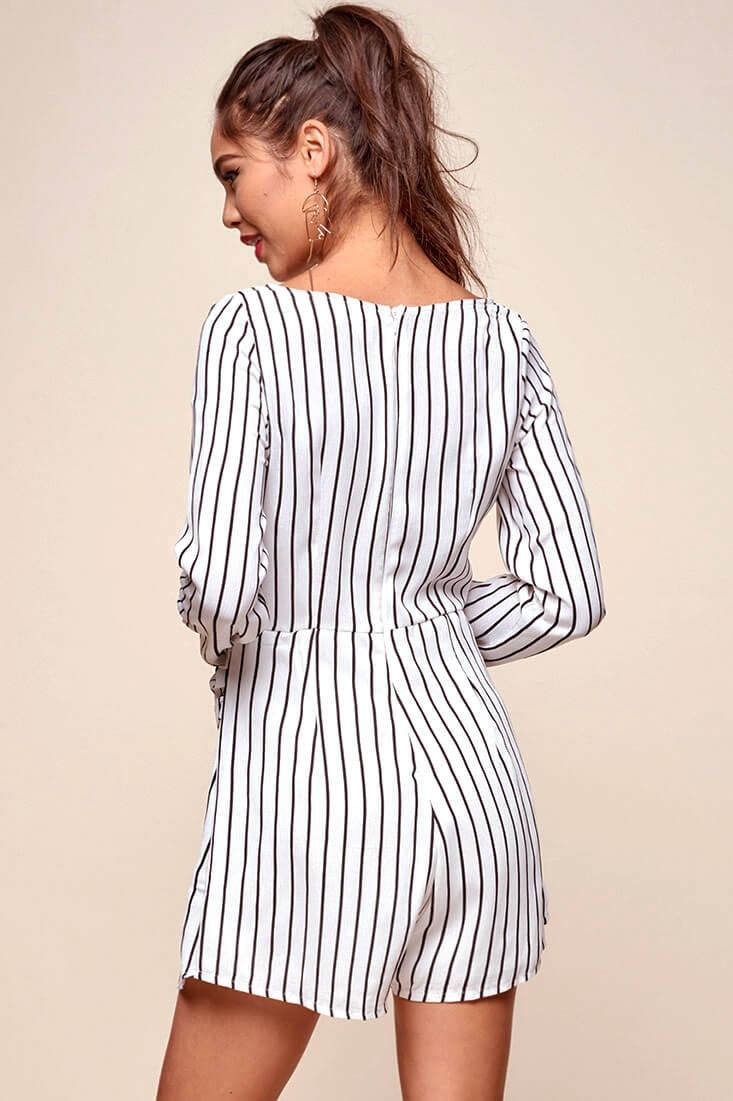 Abbey Waist Tie Pinstripe Romper White & Black by Selfie Leslie