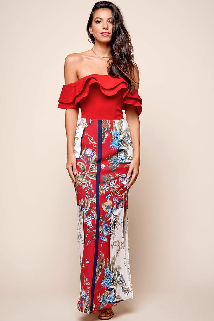 Missy Layered Ruffle Bardot Top Red by Selfie Leslie