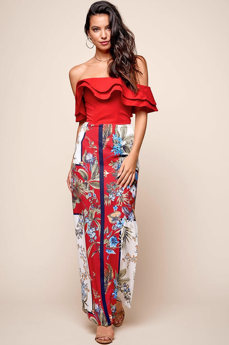 Paradise Side Split Maxi Skirt Red by Selfie Leslie