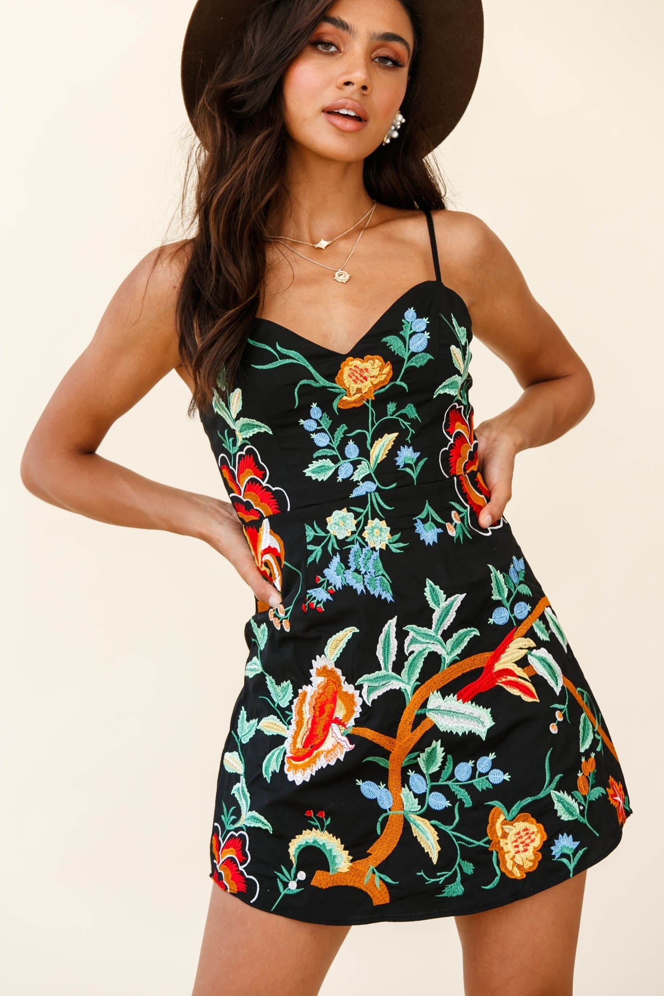 Ana Spaghetti Strap Floral Embroidered Dress Black by Selfie Leslie