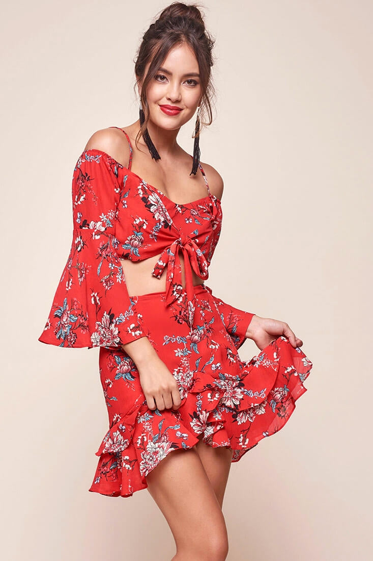 Bellisario Floral Ruffle Caribbean Skirt Red by Selfie Leslie