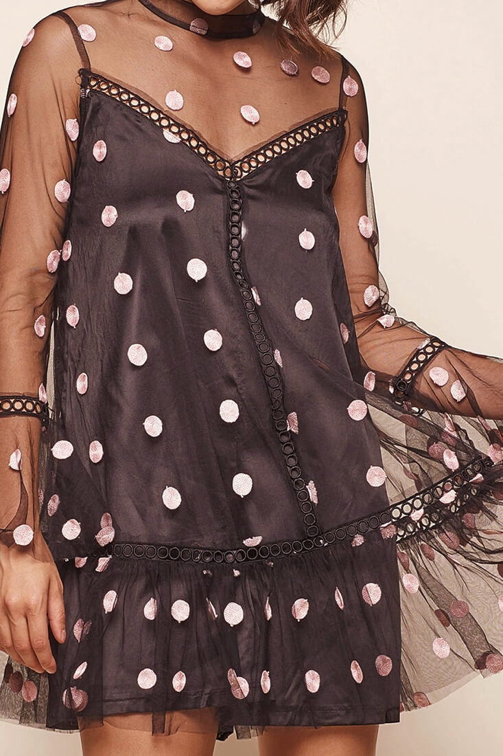 Lena Sheer Overlay Polka Dot Romper Dress Black/Pink by Selfie Leslie