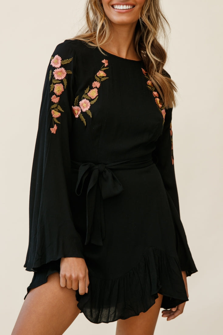 Yara Floral Embellished Fit and Flare Dress Black by Selfie Leslie