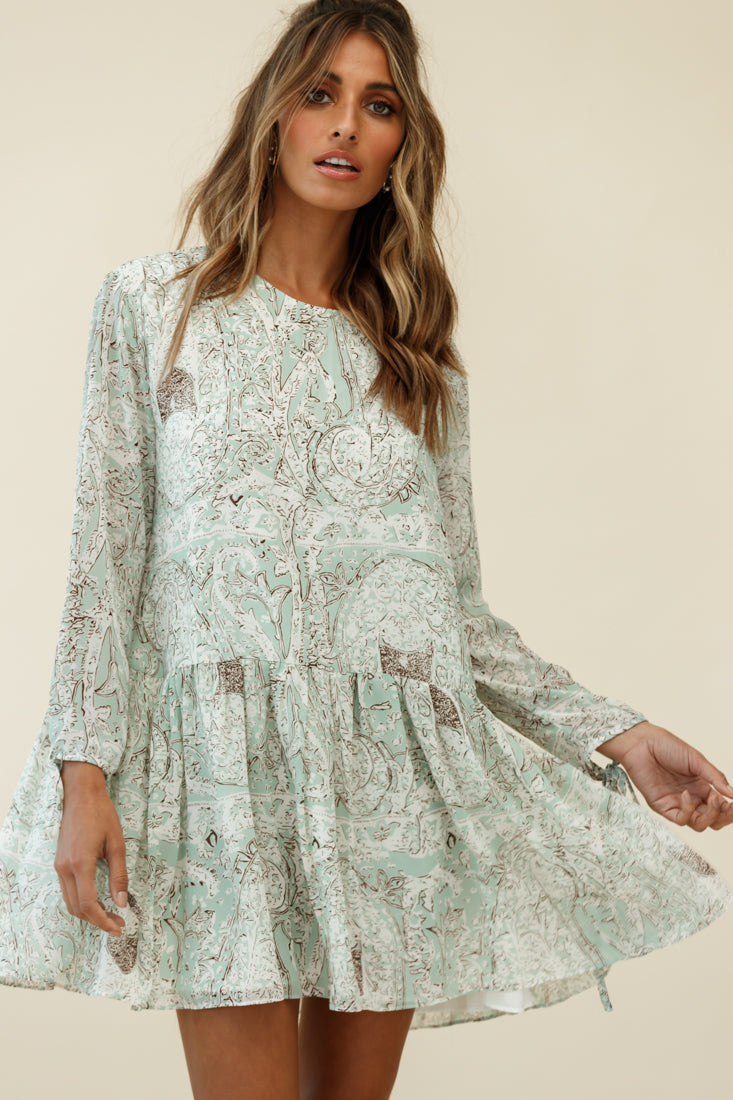 Mina Long Sleeve Button Back Shift Dress Ornate Print Green by Selfie Leslie