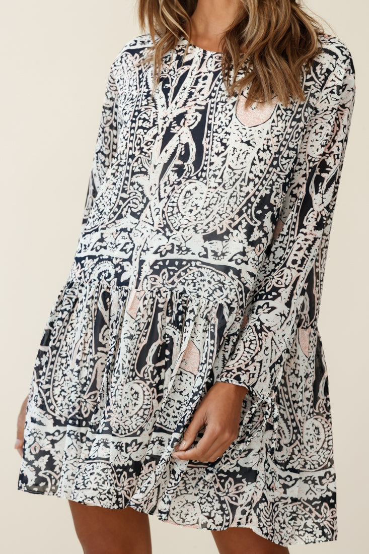Mina Long Sleeve Button Back Shift Dress Ornate Print Navy by Selfie Leslie