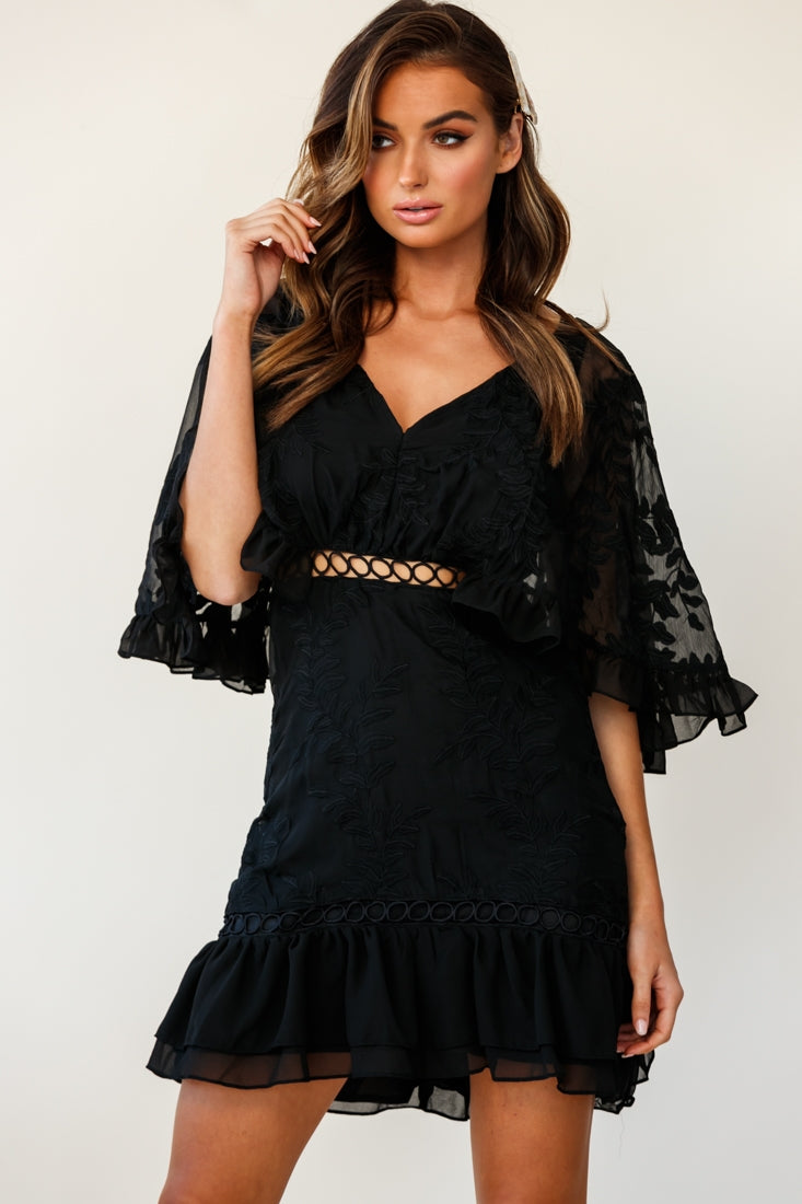 Caspar Leafy Embroidered Dress Black Tall by Selfie Leslie
