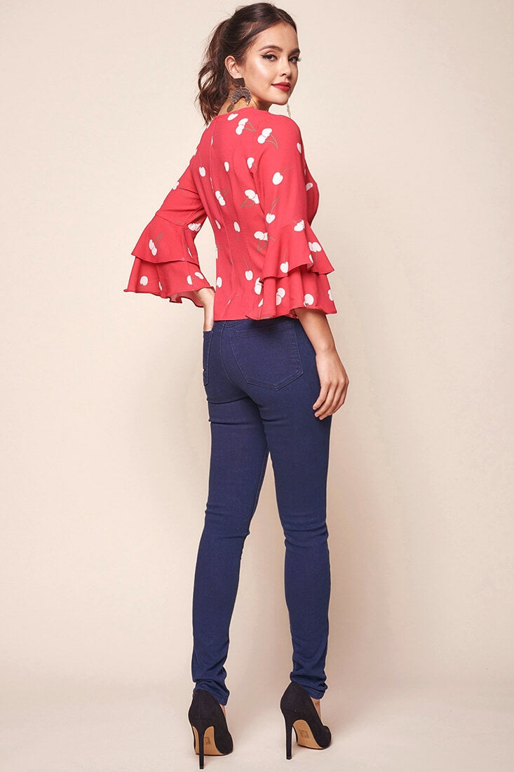 Robbi Cherry on Top Deep V Bell Sleeved Top Red by Selfie Leslie