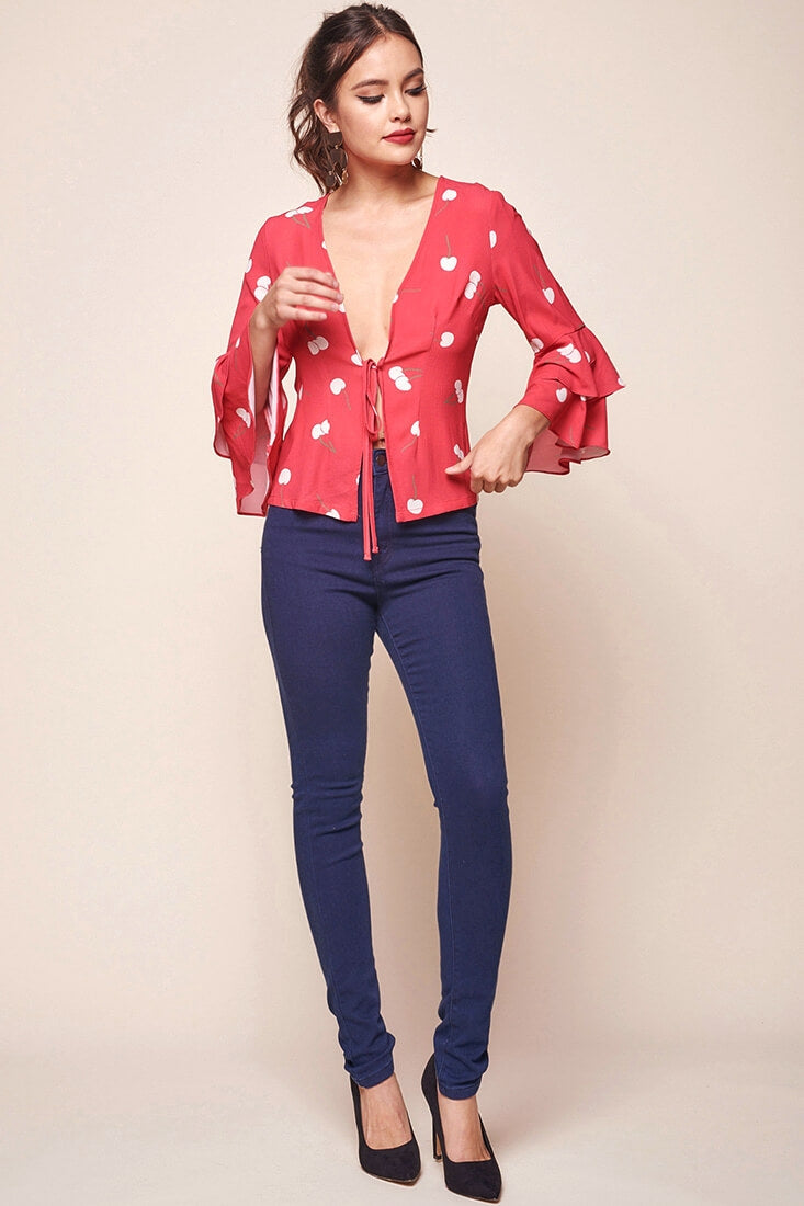 Robbi Cherry on Top Deep V Bell Sleeved Top Red by Selfie Leslie