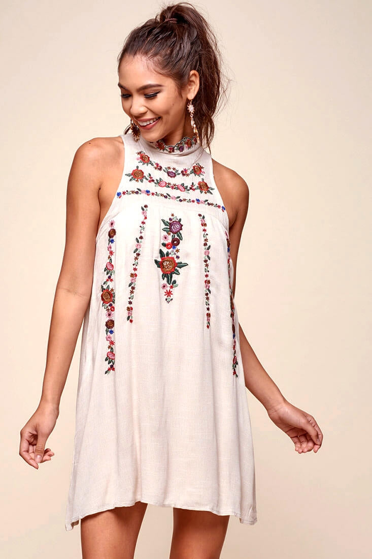 Shonda Floral Embroidered Detail Mid-Length Dress Beige by Selfie Leslie