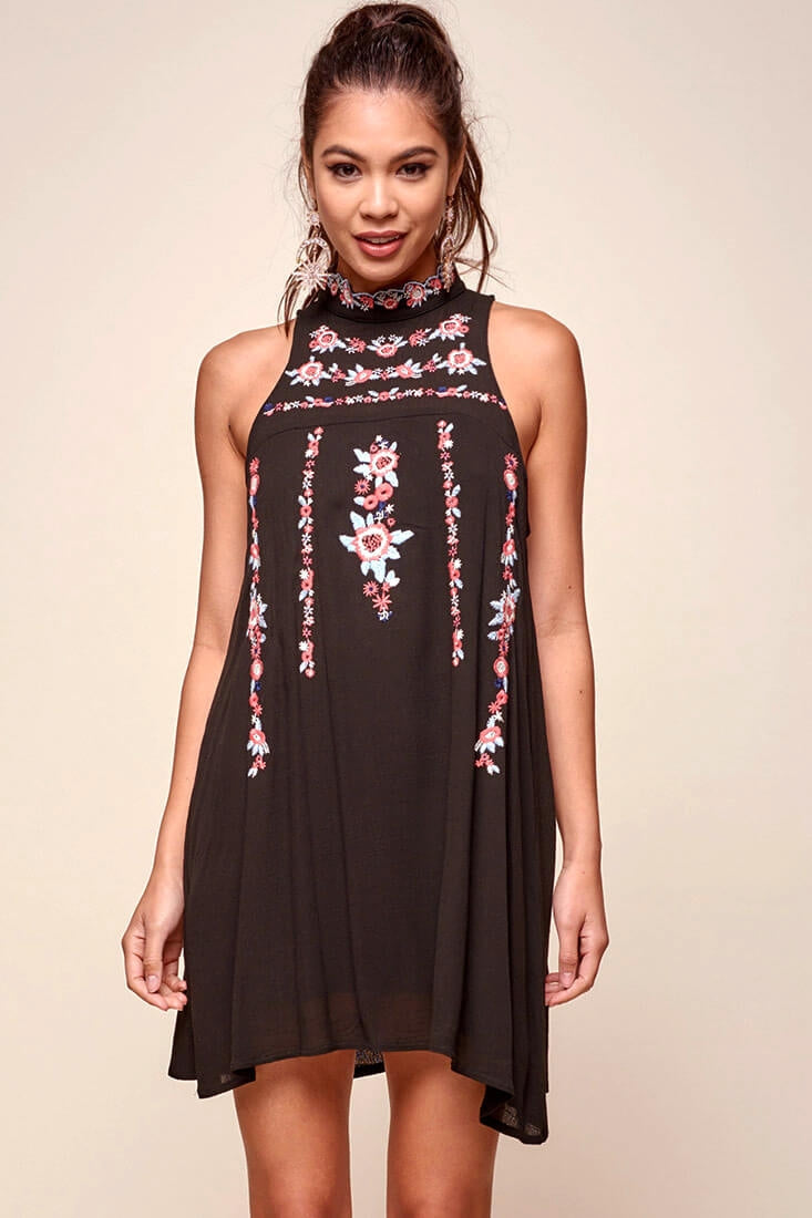 Shonda Floral Embroidered Detail Mid-Length Dress Black by Selfie Leslie