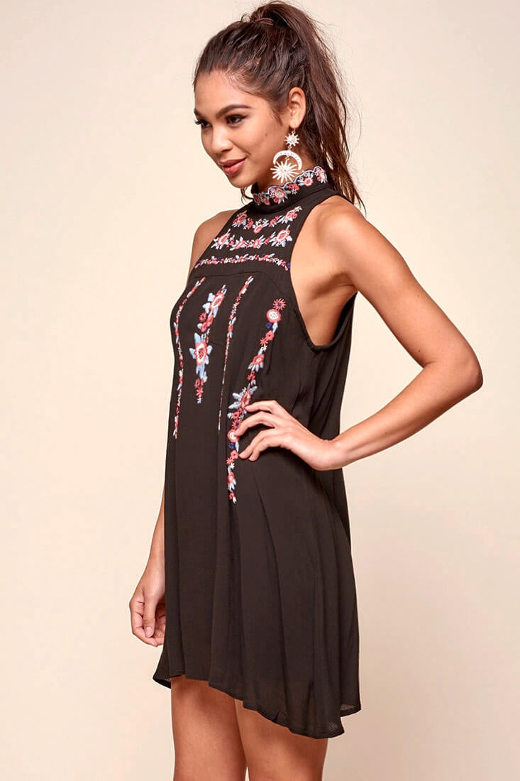 Shonda Floral Embroidered Detail Mid-Length Dress Black by Selfie Leslie