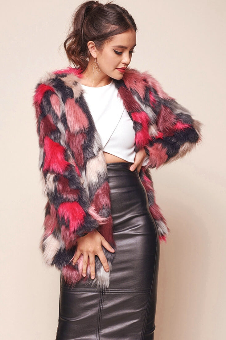 Ronan Faux Fur Multi-Print Coat Maroon by Selfie Leslie