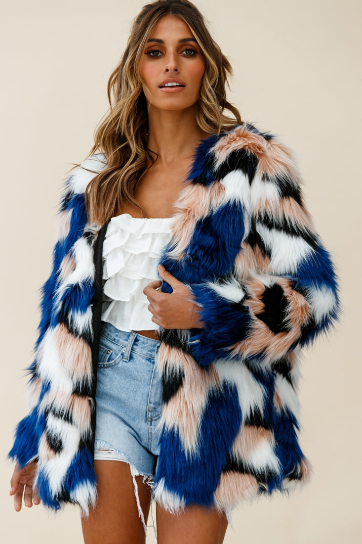 Ronan Faux Fur Multi-Print Coat Blue by Selfie Leslie