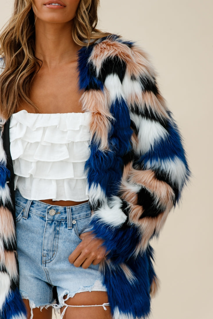 Ronan Faux Fur Multi-Print Coat Blue by Selfie Leslie