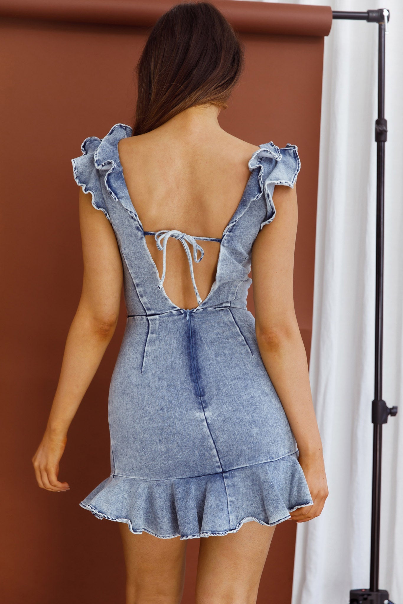 Jojo Ruffle Shoulder Low Back Dress Denim by Selfie Leslie