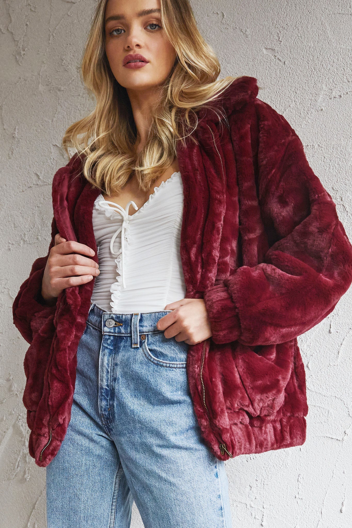 Chamonix Collared Zip Front Jacket Wine by Selfie Leslie