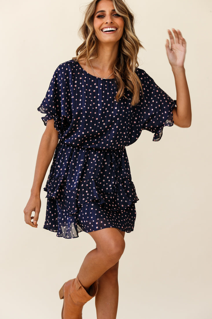 Mollina Frill Sleeve Layered Hem Dress Spot Print Navy by Selfie Leslie